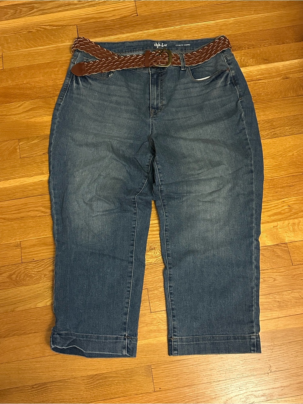 Style & Co. Dark Blue Cropped Jeans with Brown Braided Belt